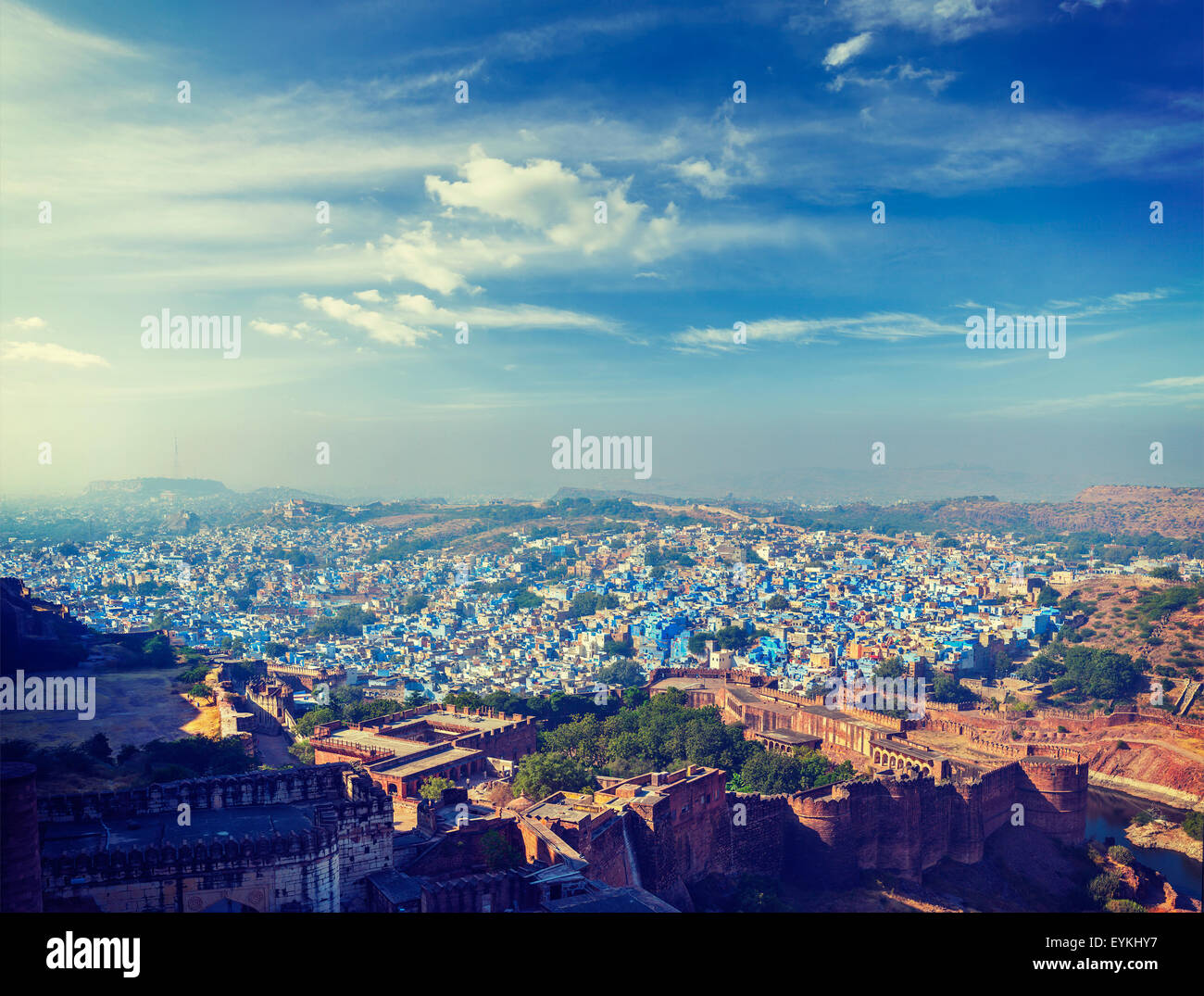 Vintage retro effect filtered hipster style panorama image of Jodhpur, known as Blue City due to blue-painted Brahmin houses Stock Photo