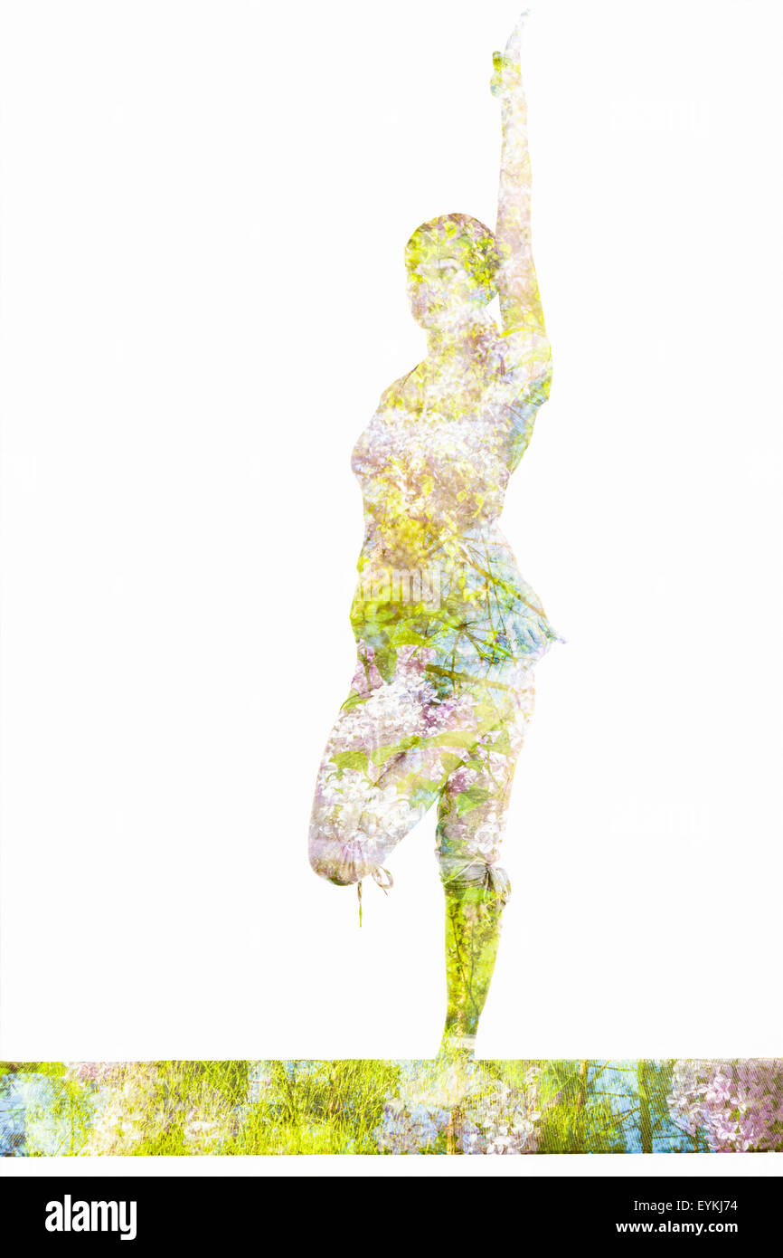 Nature harmony healthy lifestyle concept. Double exposure image of  woman doing yoga preparing for Half Bound Lotus Standing Stock Photo