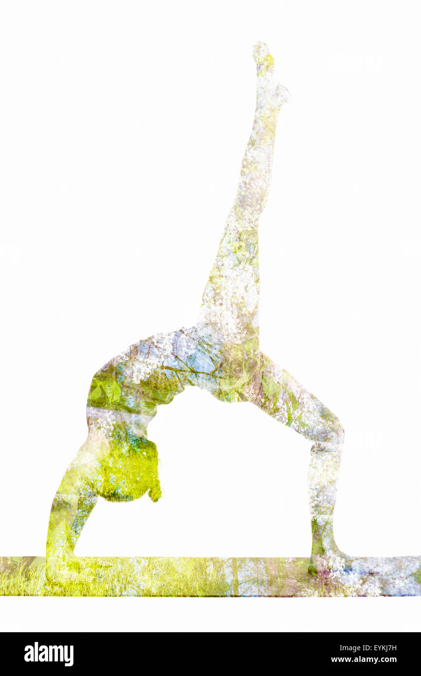 Nature harmony healthy lifestyle concept. Double exposure image of woman doing yoga asana One-legged Upward Bow Pose ekapada urd Stock Photo