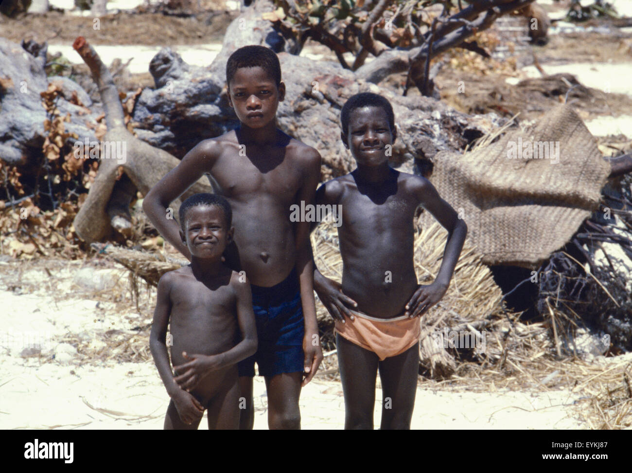 Three boys on the island of Île-à-Vache, Haiti, who survived Hurricane Allen in 1980. Stock Photo