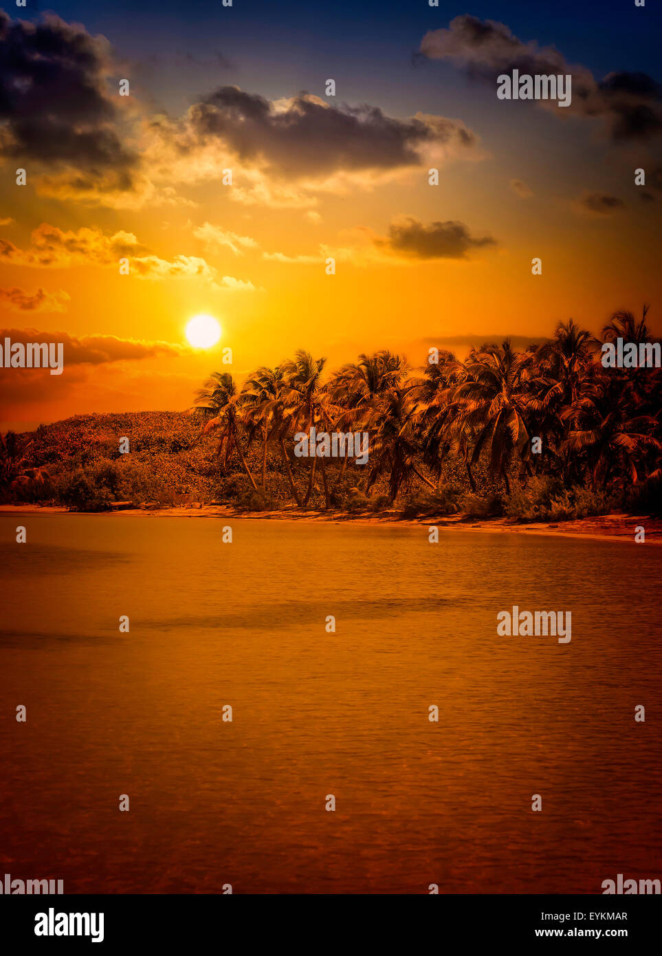 Gold caribbean sunset over mexican Contoy island Stock Photo