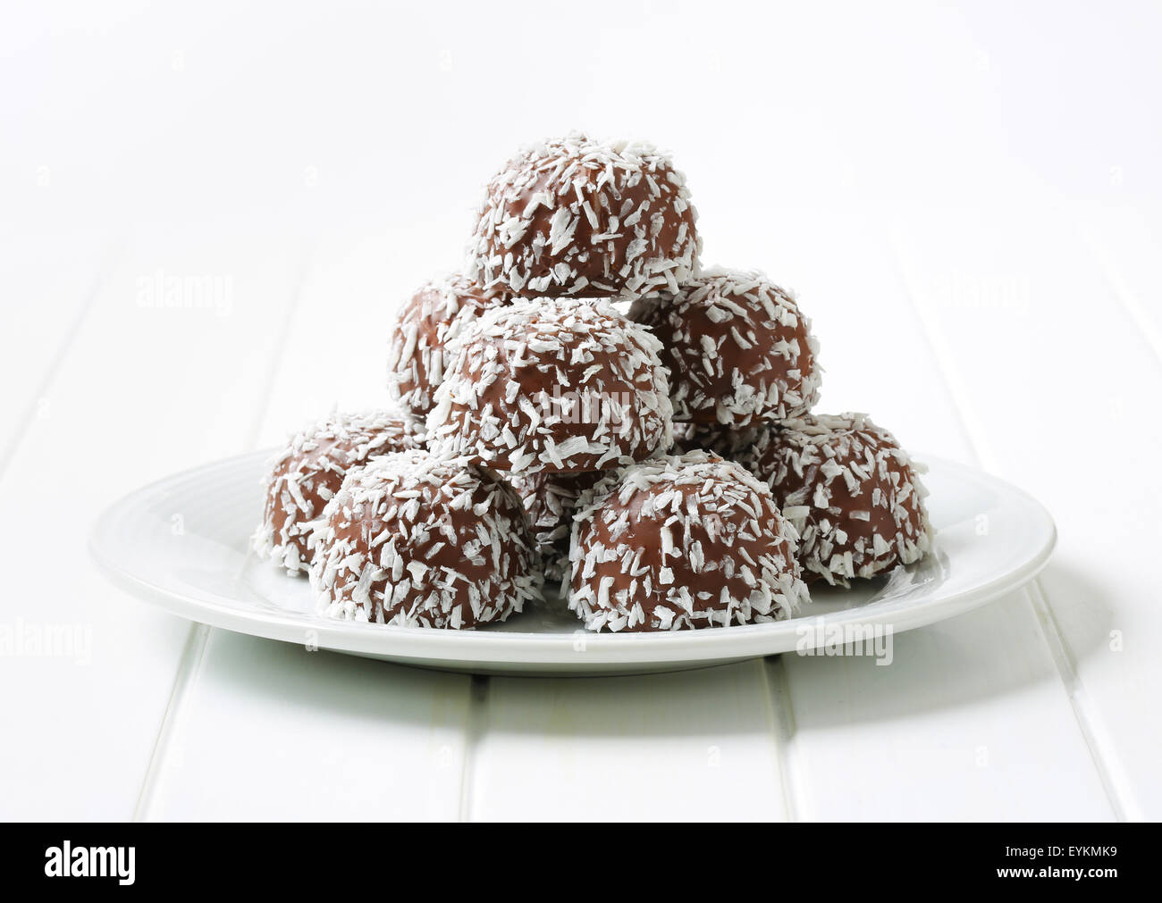 No bake Chocolate Snowball Cookies Rolled In Coconut Stock Photo Alamy