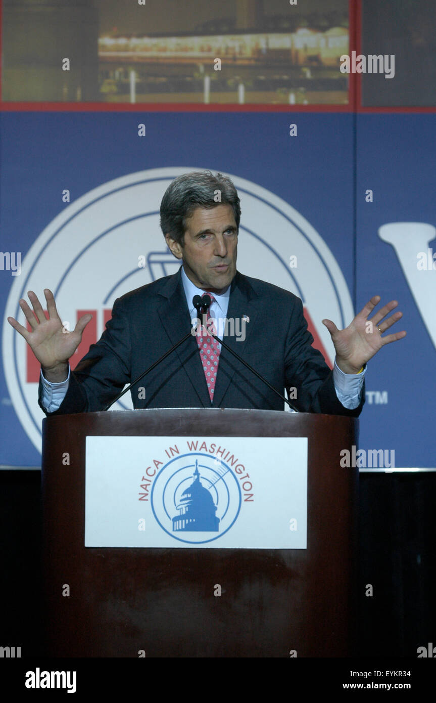 Sen. John Kerry (D-MA), speaks at the National Air Traffic Controllers Association (NATCA) annual meeting in Washington, D.C.. Stock Photo