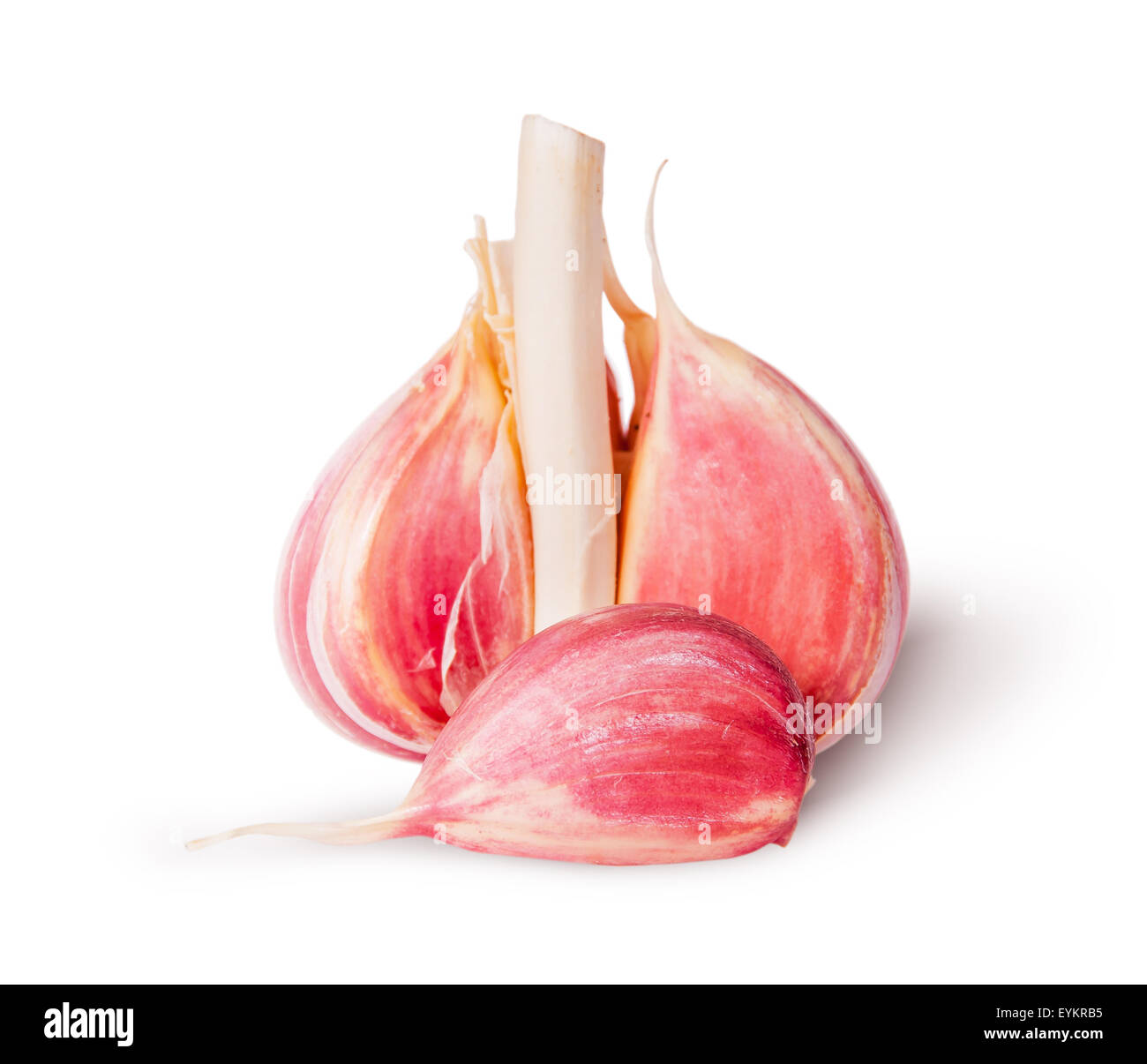 Half of head and one garlic clove isolated on white background Stock Photo