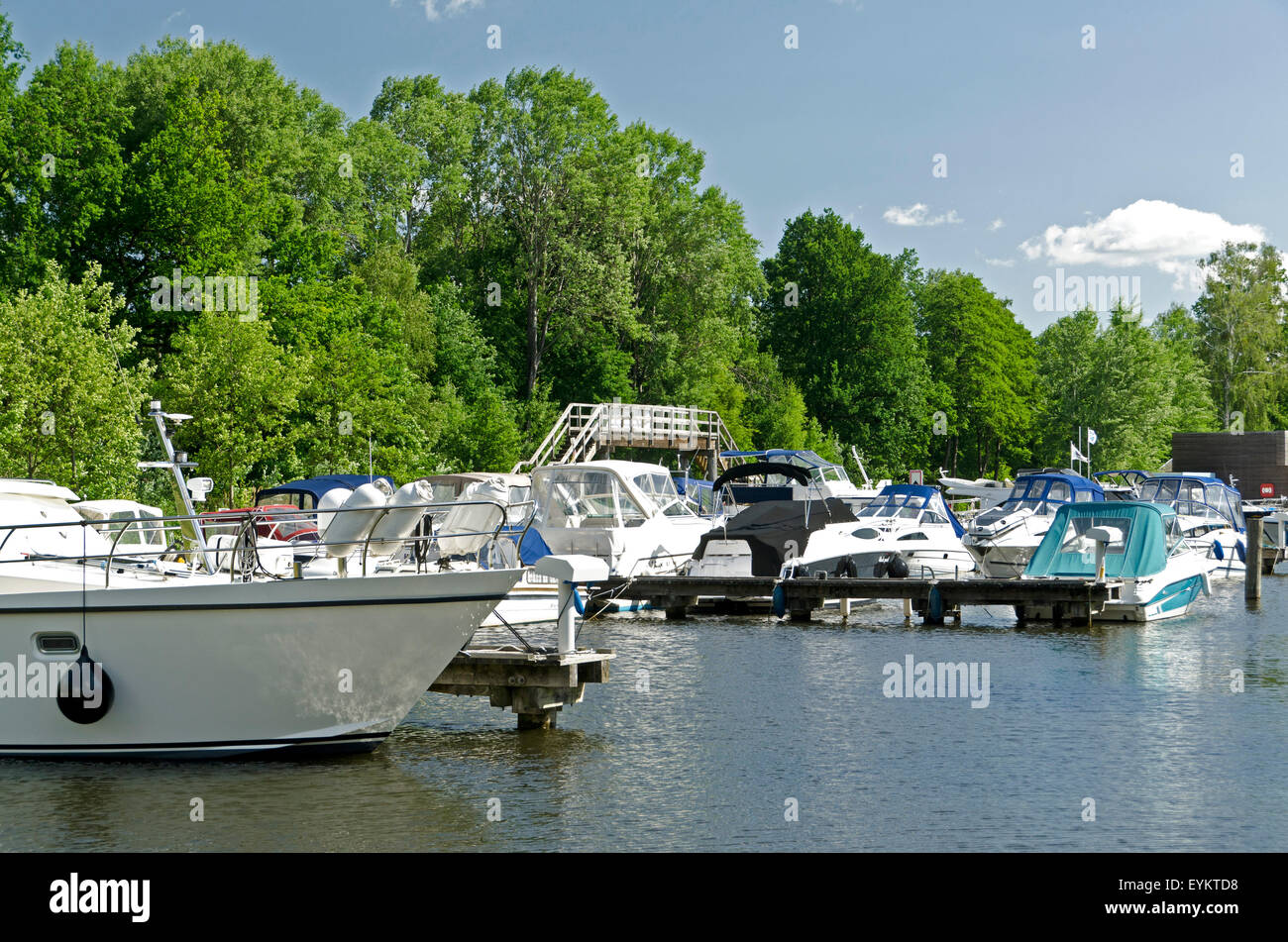 Germany, Brandenburg, Rheinsberg (town), motorboats at the marina, Stock Photo