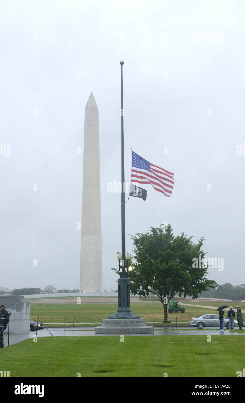 he flags at the World War II memorial in Washington are at half staff due to the death of former president Ronald Reagan. He died today at age 93 after a long battle with Alzeheimer's disease. Stock Photo