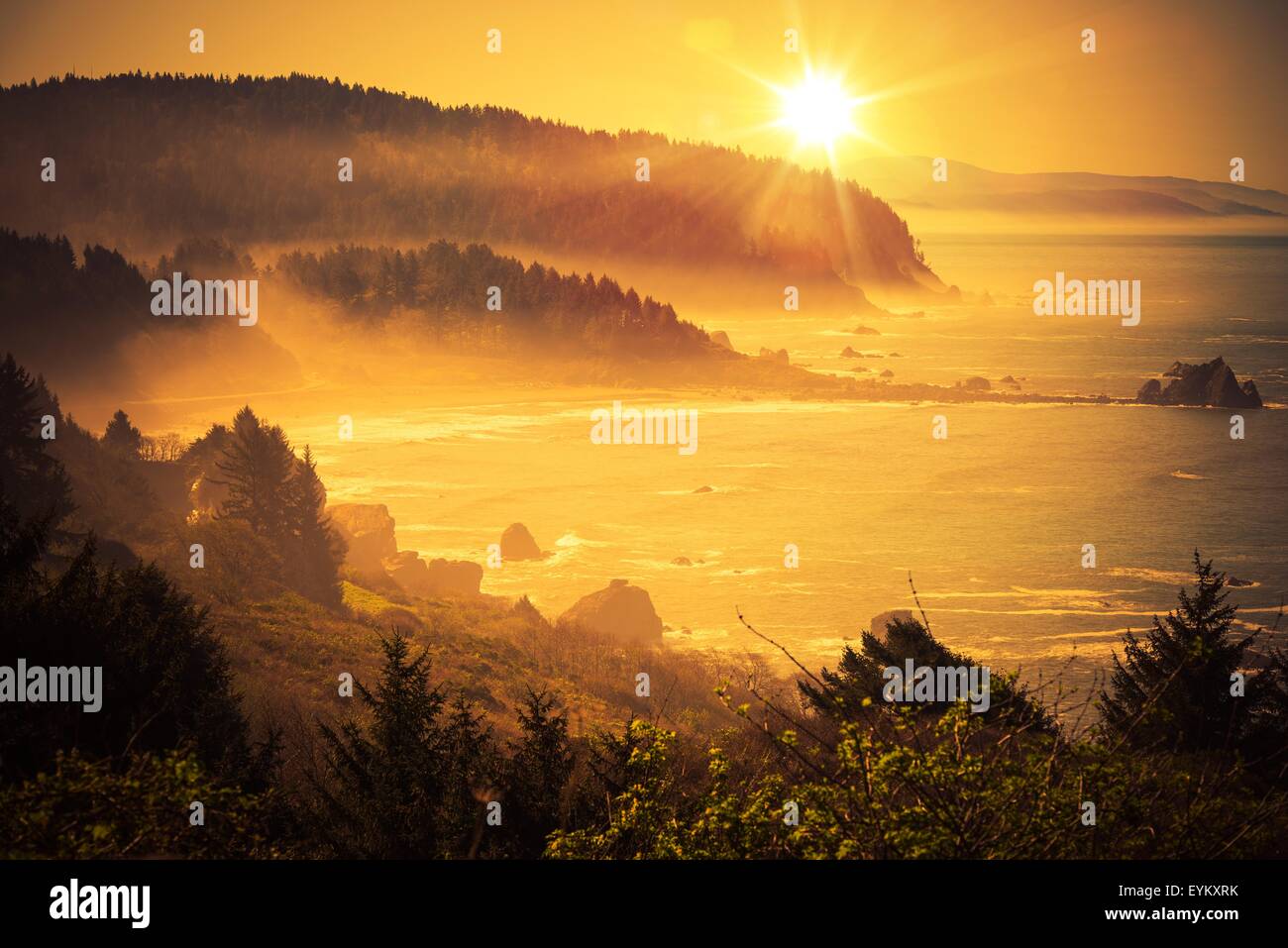 California Coastal Sunset. Shoreline Between Crescent City and Eureka in Northern California, United States. Scenic Sunset. Stock Photo