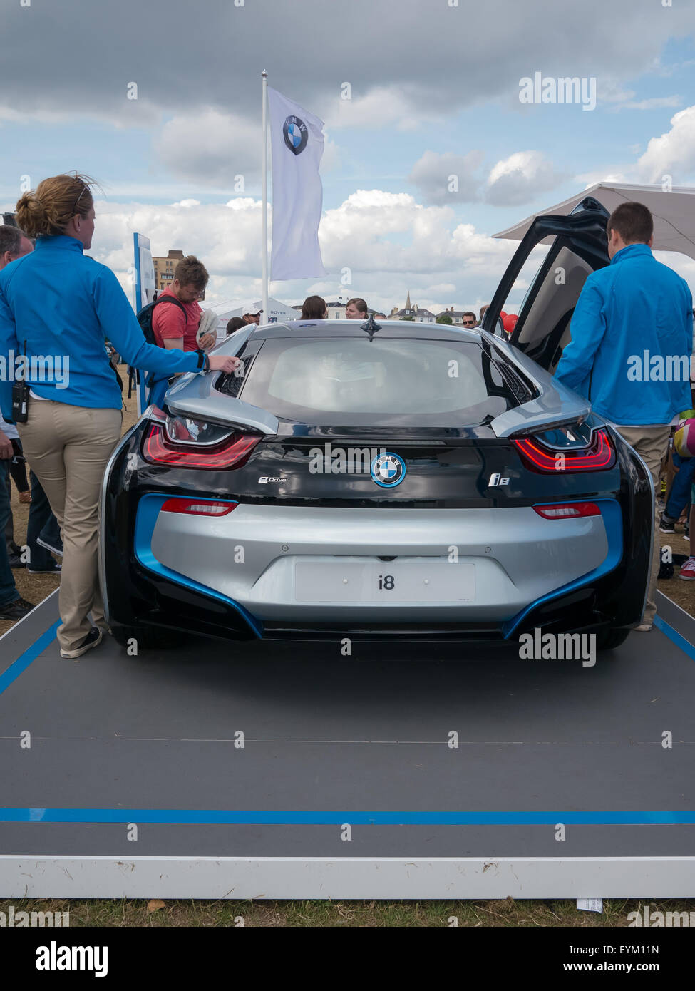 The BMW i8 hybrid supercar on display at a motor show Stock Photo Alamy