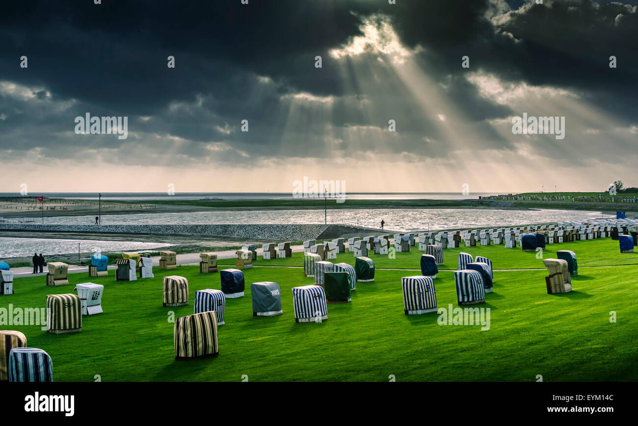 Germany, Schleswig-Holstein, Büsum, dyke, beach chairs, Stock Photo