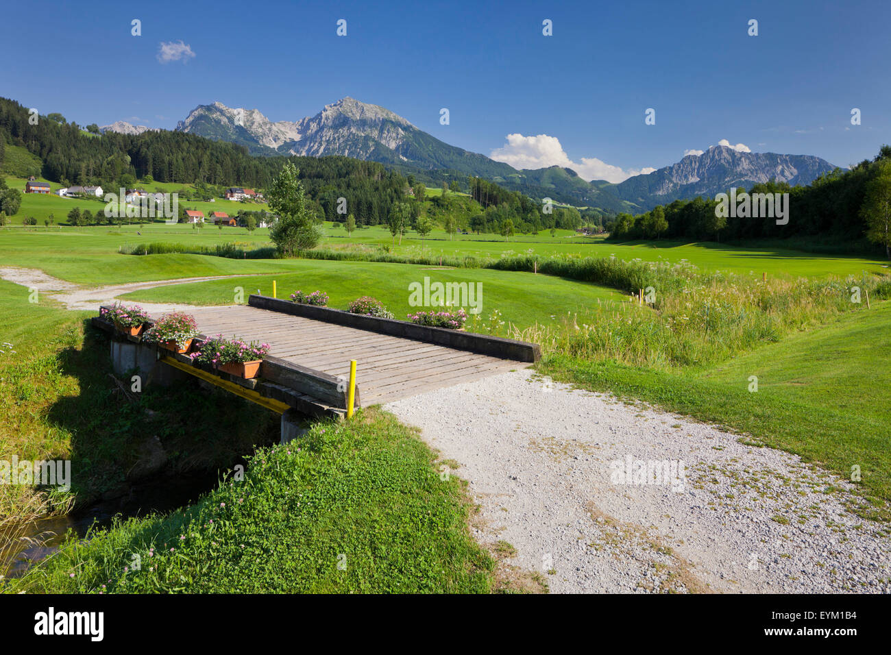 Golf course with Windischgarsten, Haller wall, big Pyhrgas, northern lime Alps, Upper Austria, Austria, Stock Photo