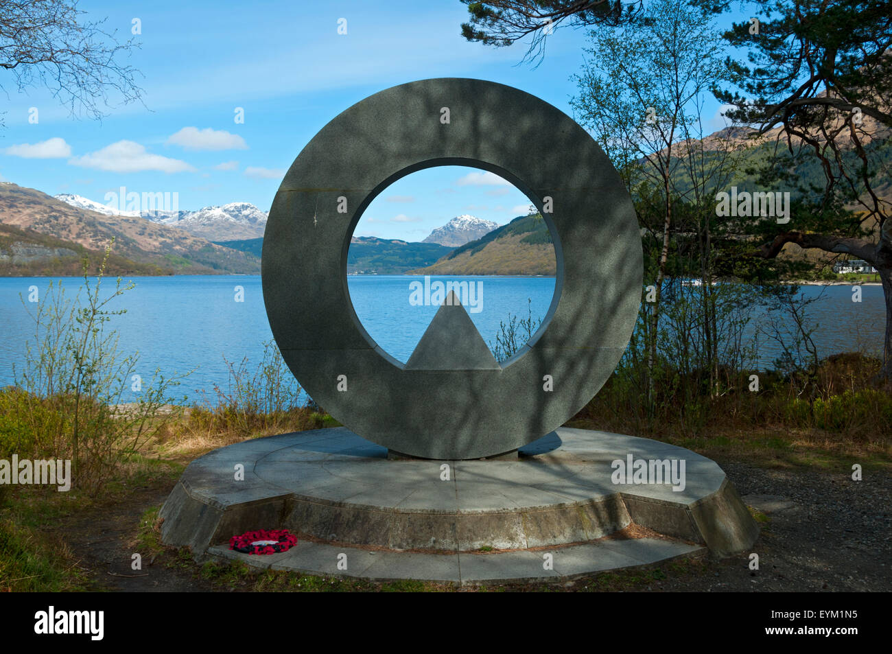 The Rowardennan War Memorial sculpture, by Doug Cocker.  By the side of Loch Lomond at Rowardennan, Stirlingshire, Scotland, UK Stock Photo
