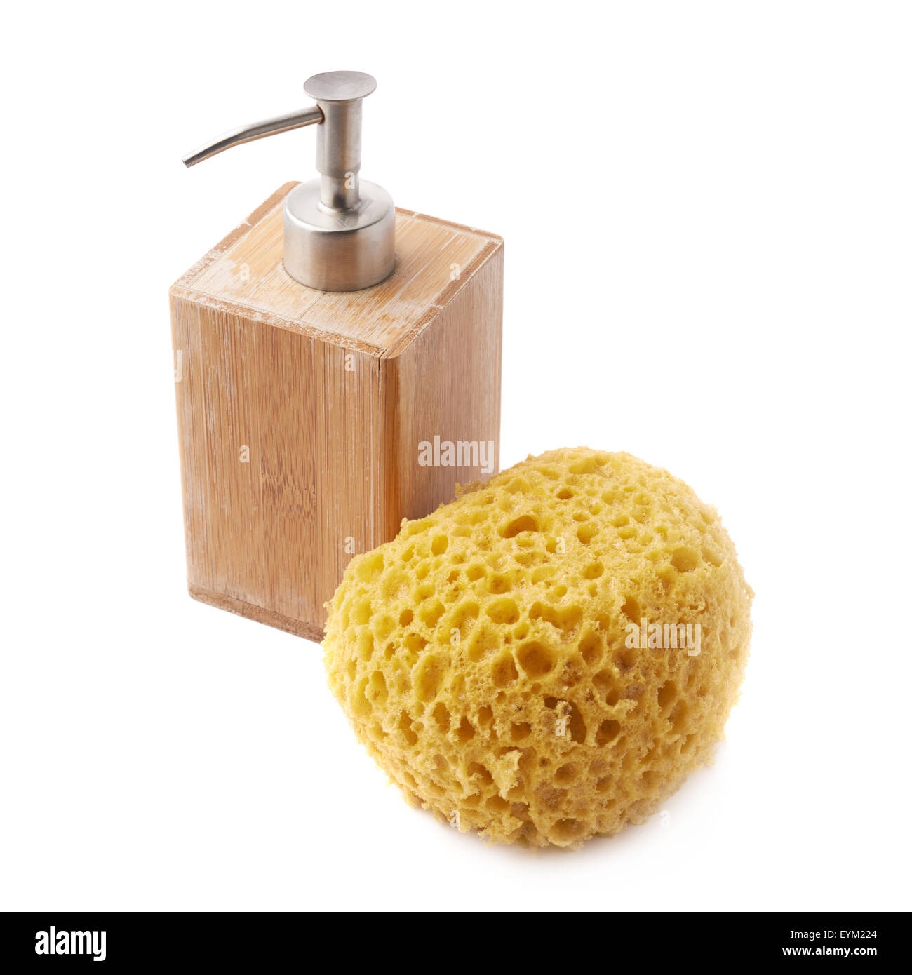 Soap dispenser and yellow sponge Stock Photo Alamy
