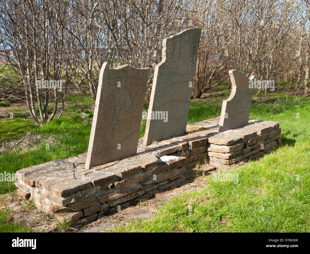 Sculpture made from Caithness flagstone, in the Castletown Community Woodland, Caithness, Scotland, UK. Stock Photo