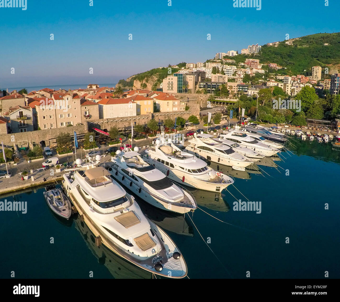 View of old town Budva and marina from the top, Montenegro, Europe. Aerial shoot Stock Photo