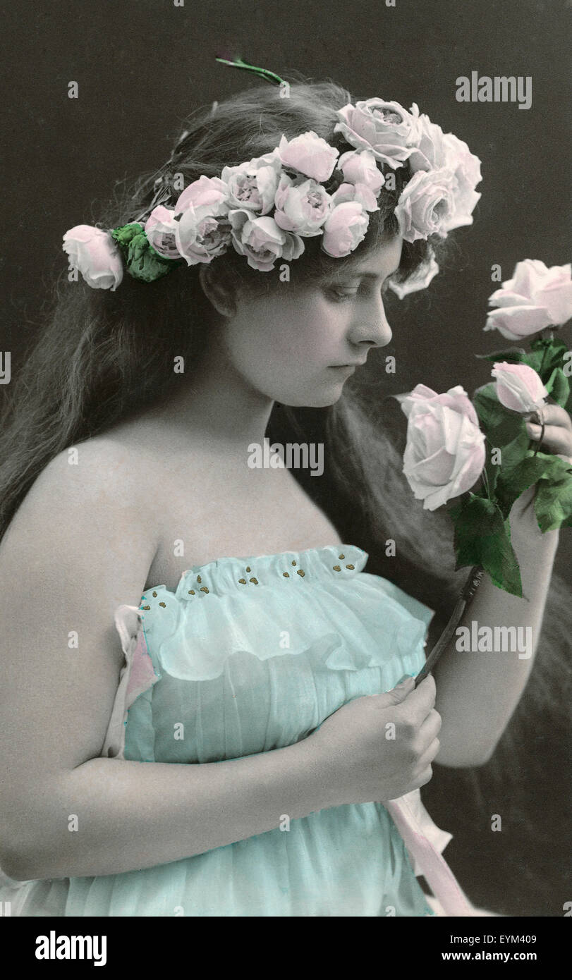 Postcard, historically, woman, romantically, flower wreath, roses, Stock Photo