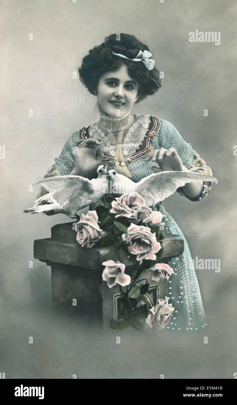 Postcard, historically, woman, pigeons, roses, pose, Stock Photo