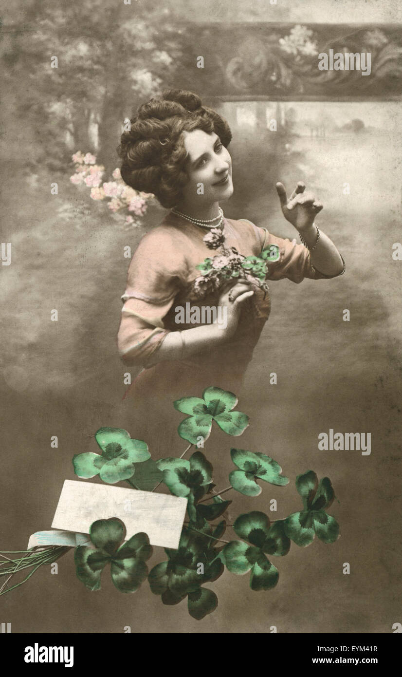 Postcard, historically, woman, four-leafed clover, pose, copy space, Stock Photo