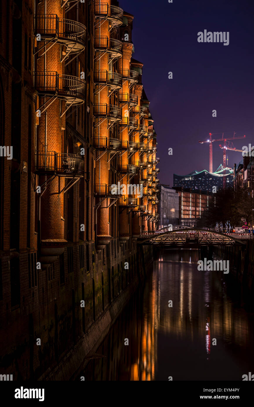 Germany, Hamburg, Speicherstadt (warehouse district), Elbphilharmonie, night, night shot, Stock Photo