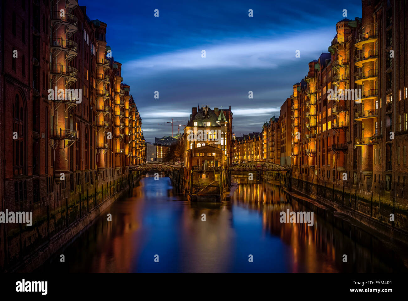 Germany, Hamburg, Speicherstadt (warehouse district), moated castle, night, night shot, Stock Photo