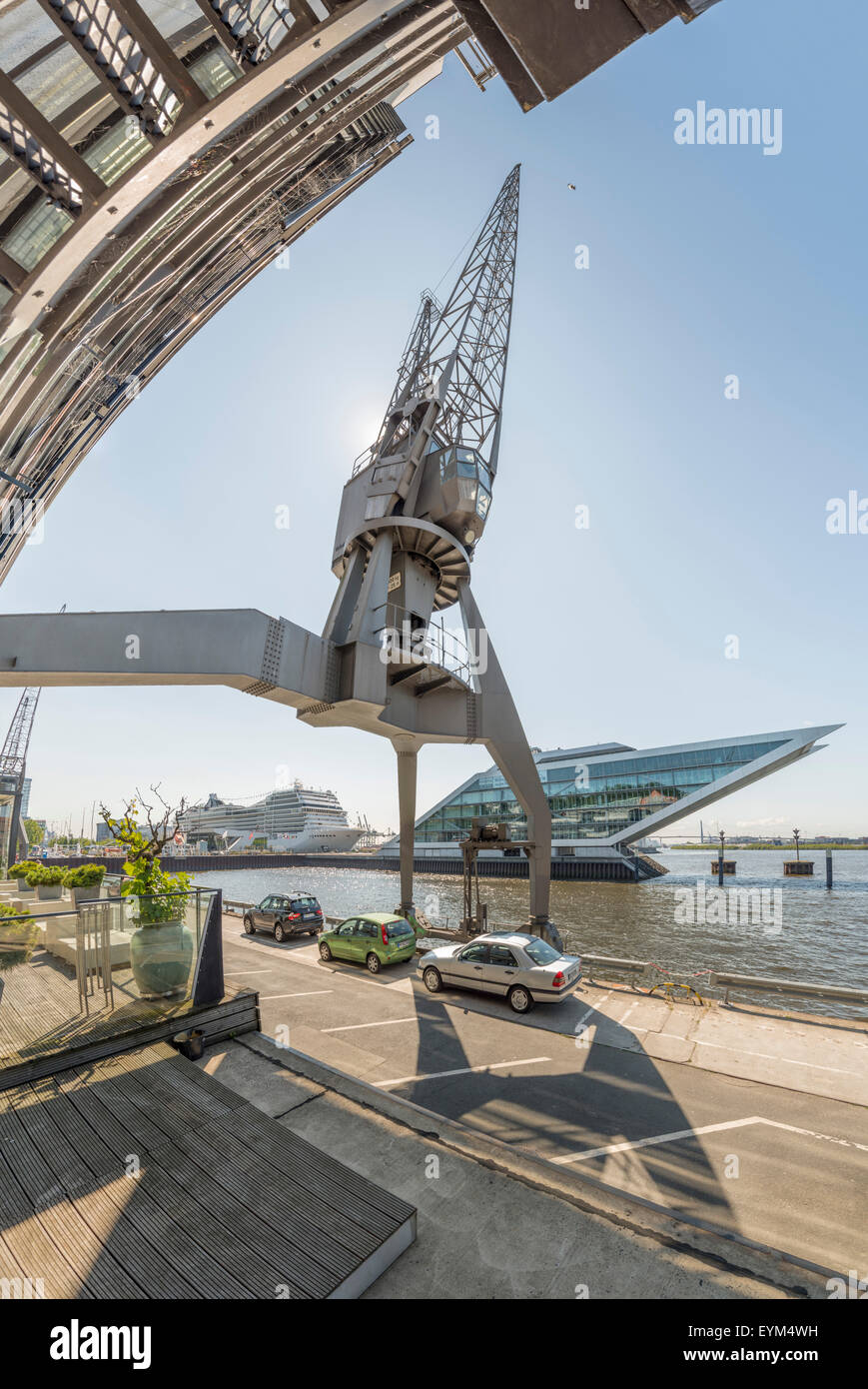 Germany, Hamburg, harbour, Elbe (river), Altona (borough), fishing harbour, crane, Dockland, Stock Photo