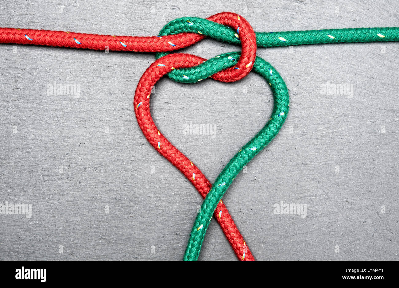 Ropes, rope, knot, heart form, red, green, Stock Photo