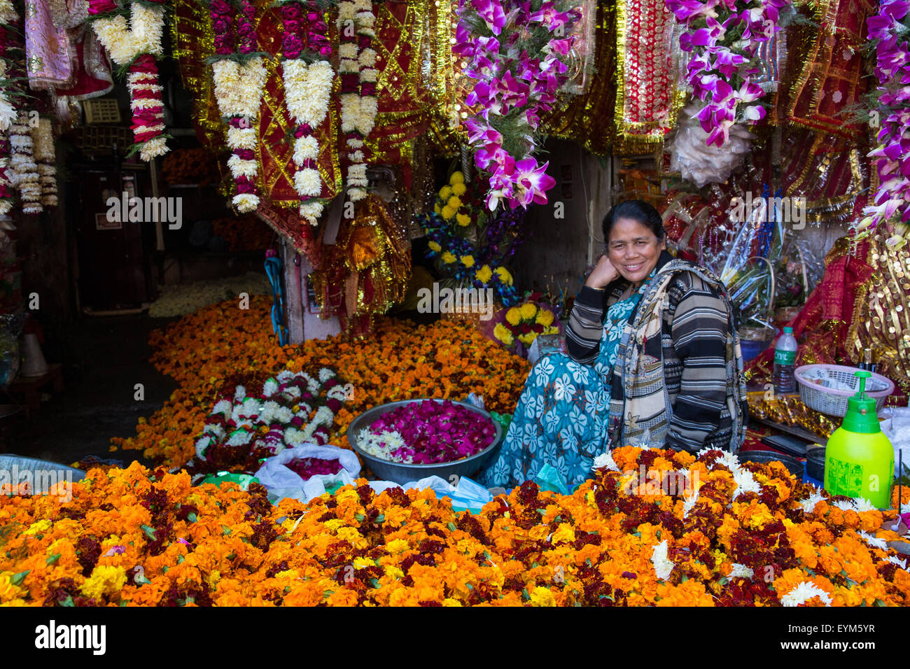 Woman in a flower shop, Rishikesh, Uttarakhand, India Stock Photo Alamy
