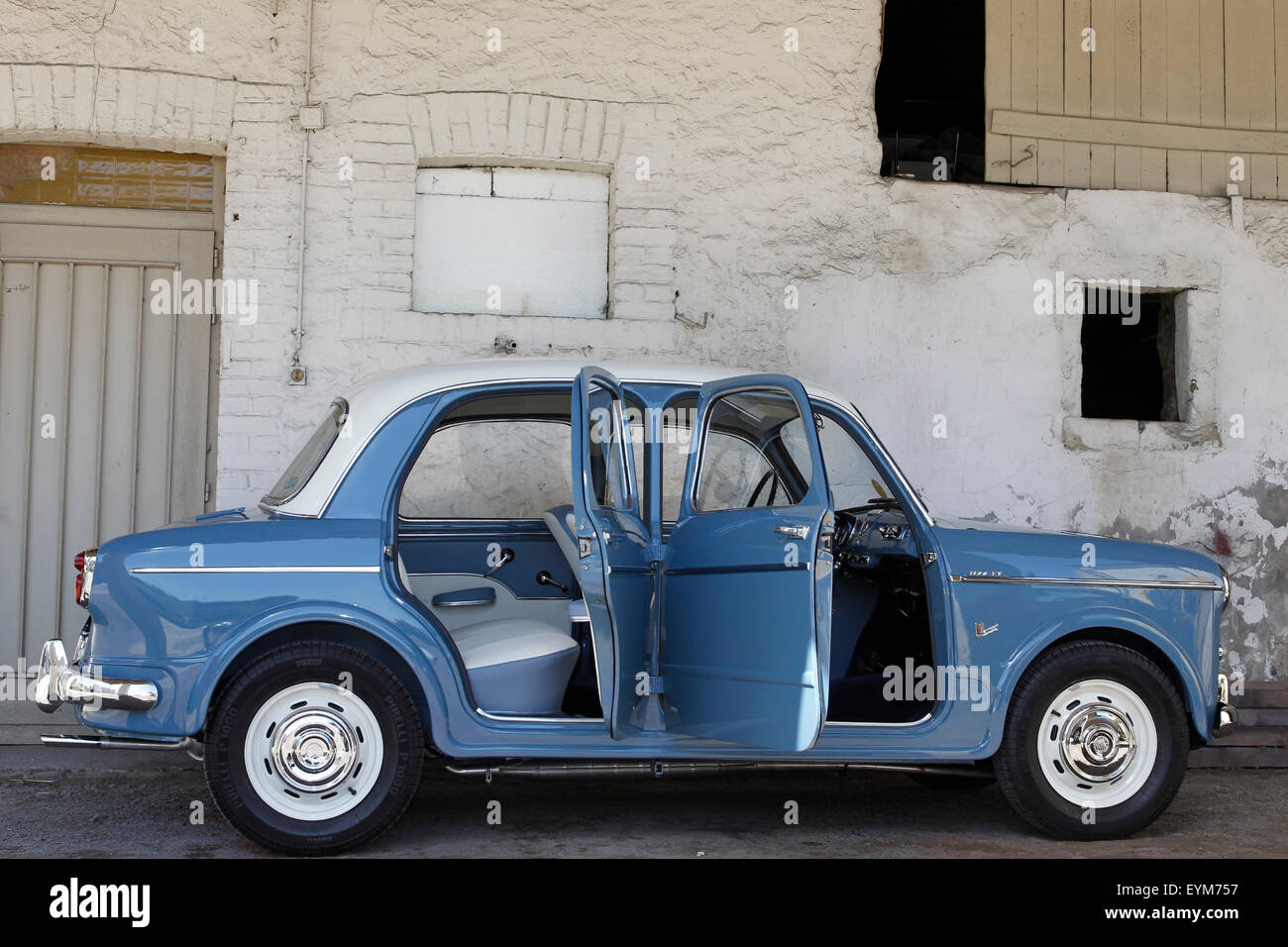 Vintage car, Fiat 1100, year of construction unknown, blue, standing, open doors, Stock Photo