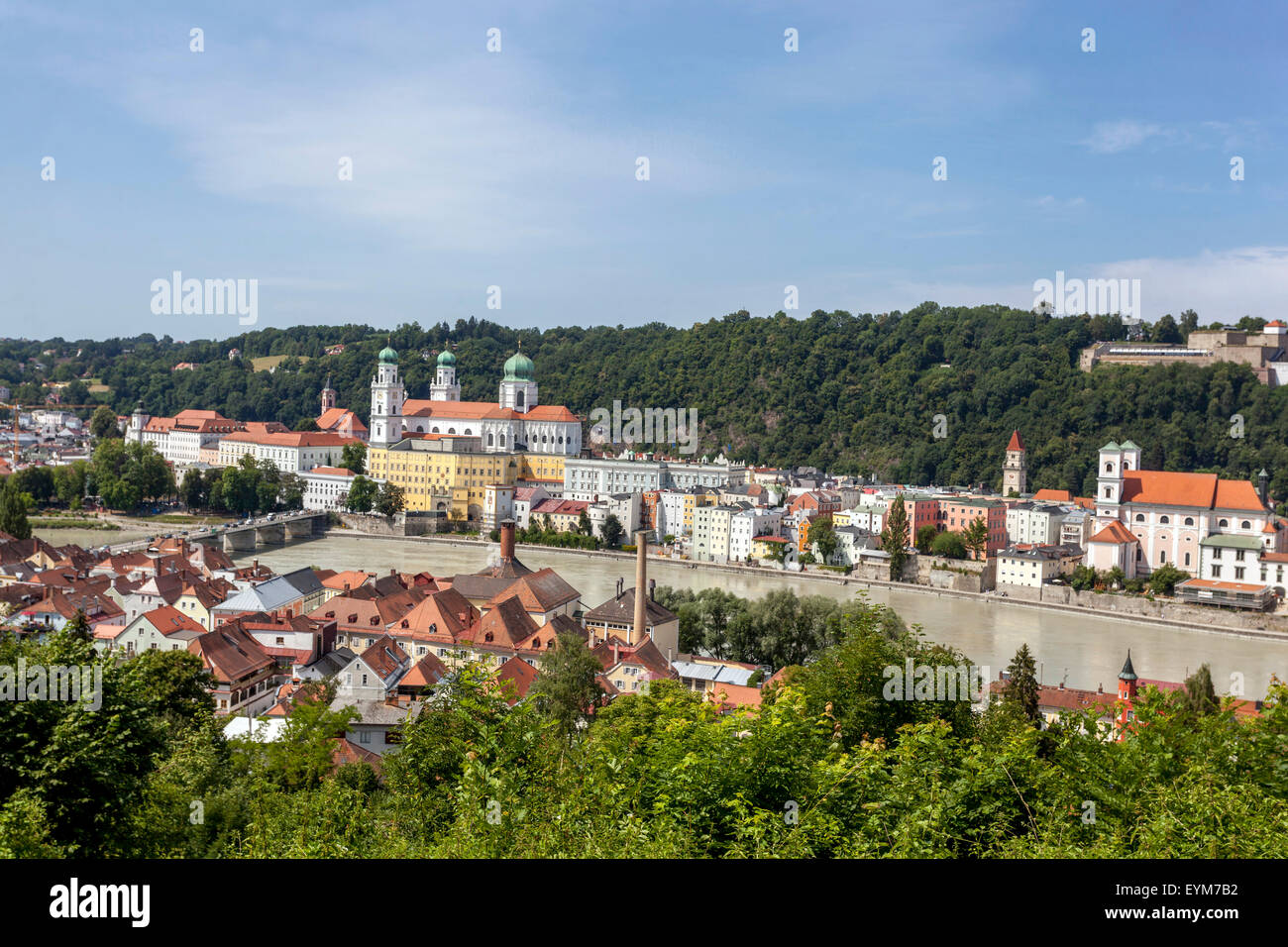 Passau Old Town Aerial view, River Inn, St. Stephan's Cathedral, Passau, Lower Bavaria, Germany, Europe Stock Photo