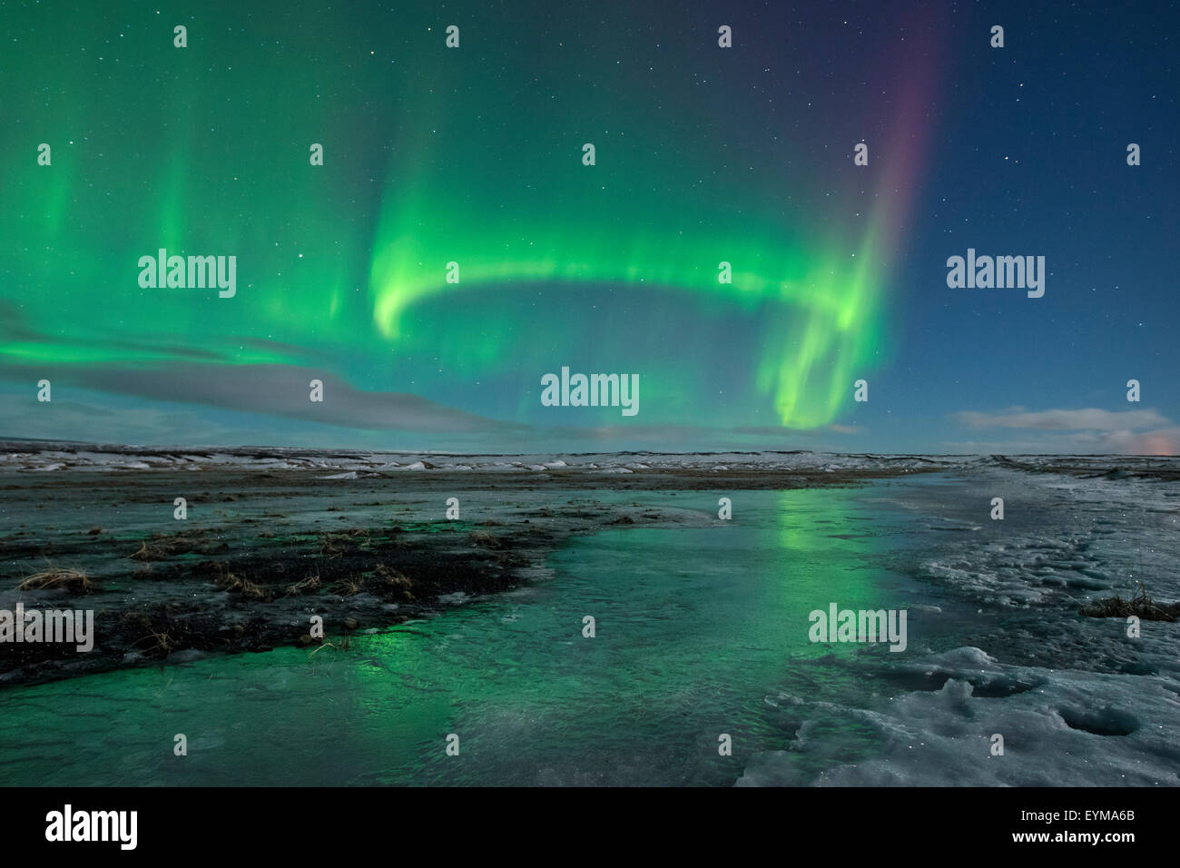 Iceland, polar lights, green, night, stars, moon, dark, ice, snow, winter, Stock Photo