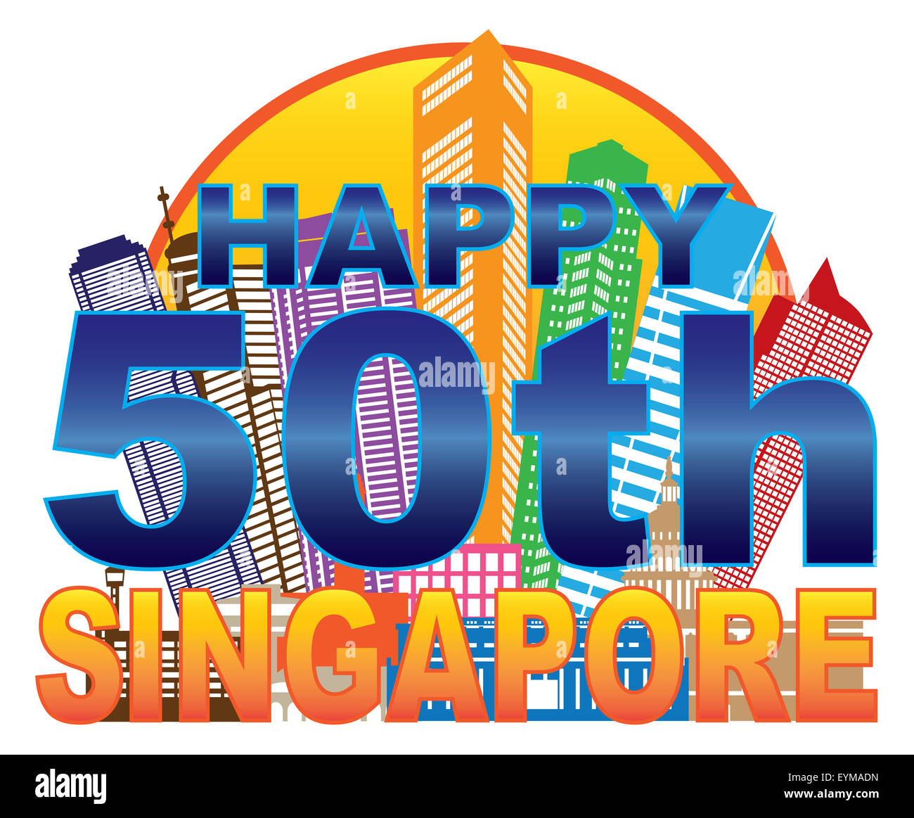 Singapore 2015 Happy 50th National Day City Skyline Silhouette Outline in Circle Color Isolated on White Background Illustration Stock Photo