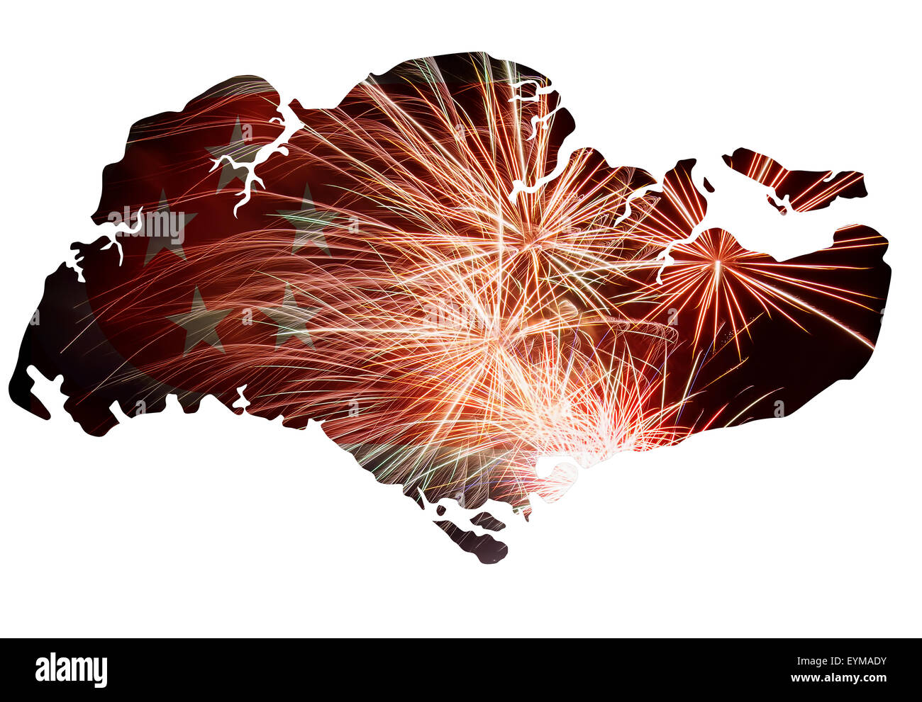 Republic of Singapore Flag with Fireworks Map Outline Silhouette for National Day Illustration Stock Photo
