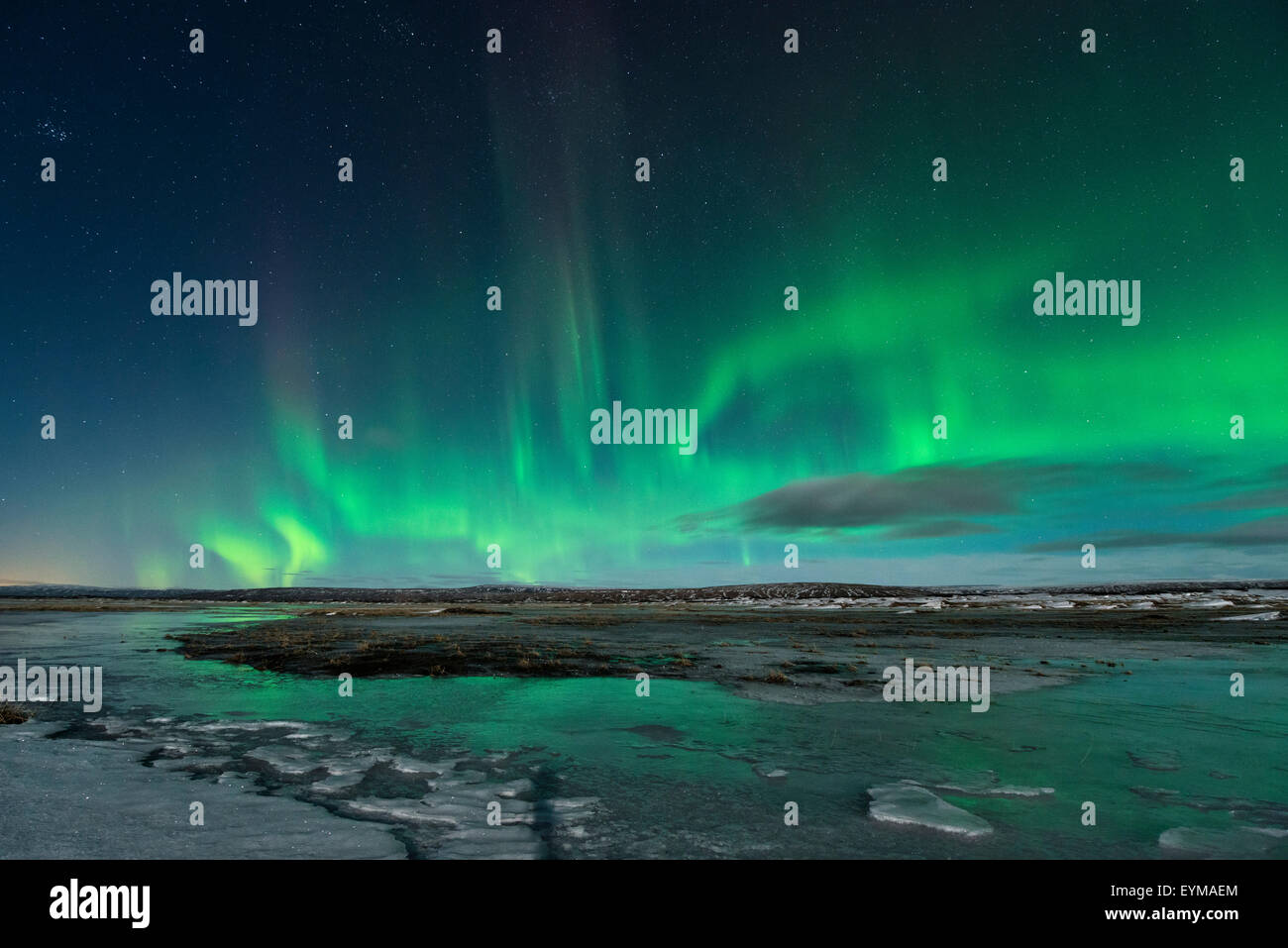 Iceland, polar lights, green, night, stars, moon, dark, ice, snow, winter, Stock Photo