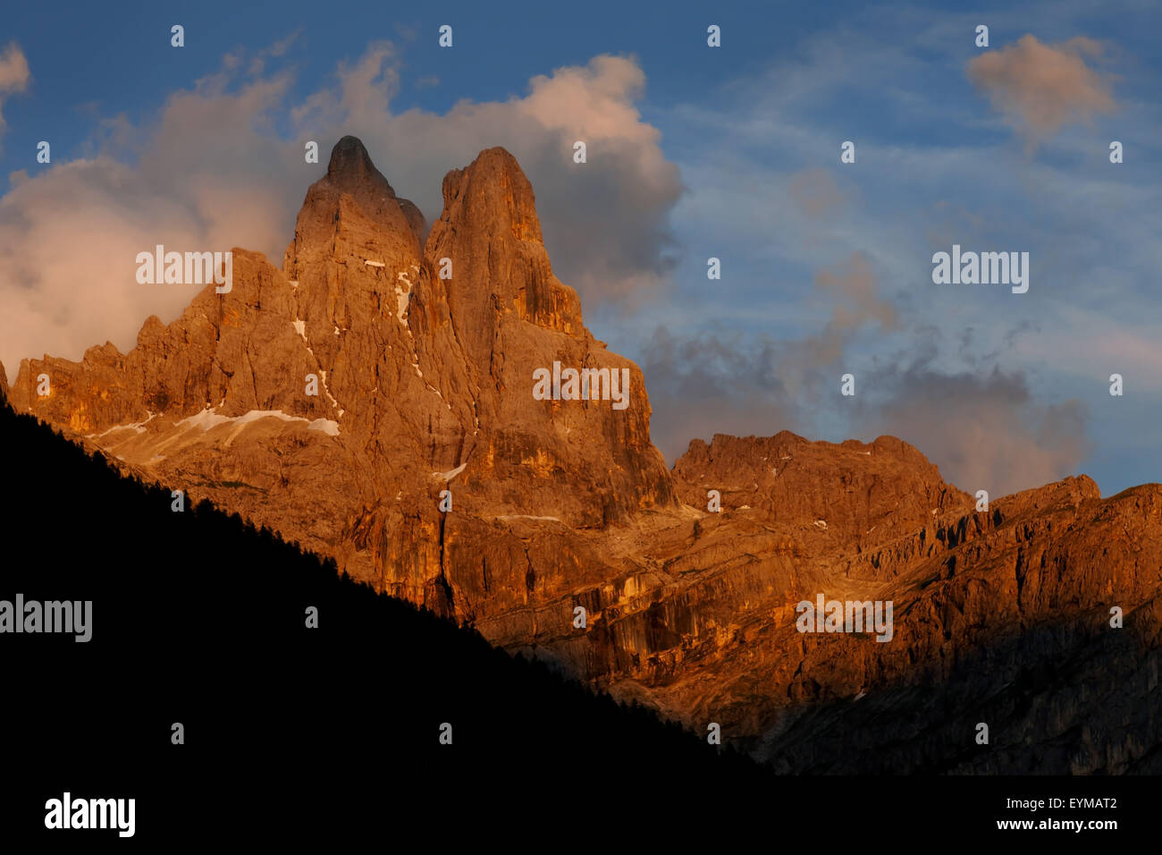 Alpenglow, sundown, mountains, Cima di Val di Roda, the Dolomites mountains, the Alps, Italy Stock Photo
