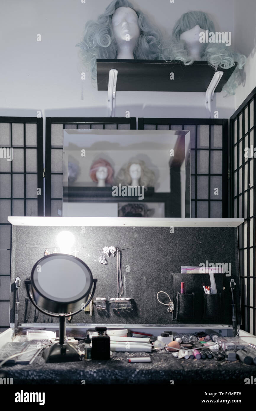 Makeup station of a drag queen at home. Stock Photo