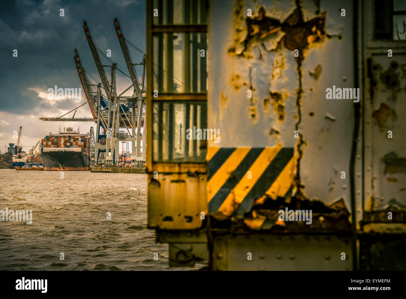 Germany, Hamburg, Elbe River, harbour, terminals, container terminals, Burchard Quay Stock Photo