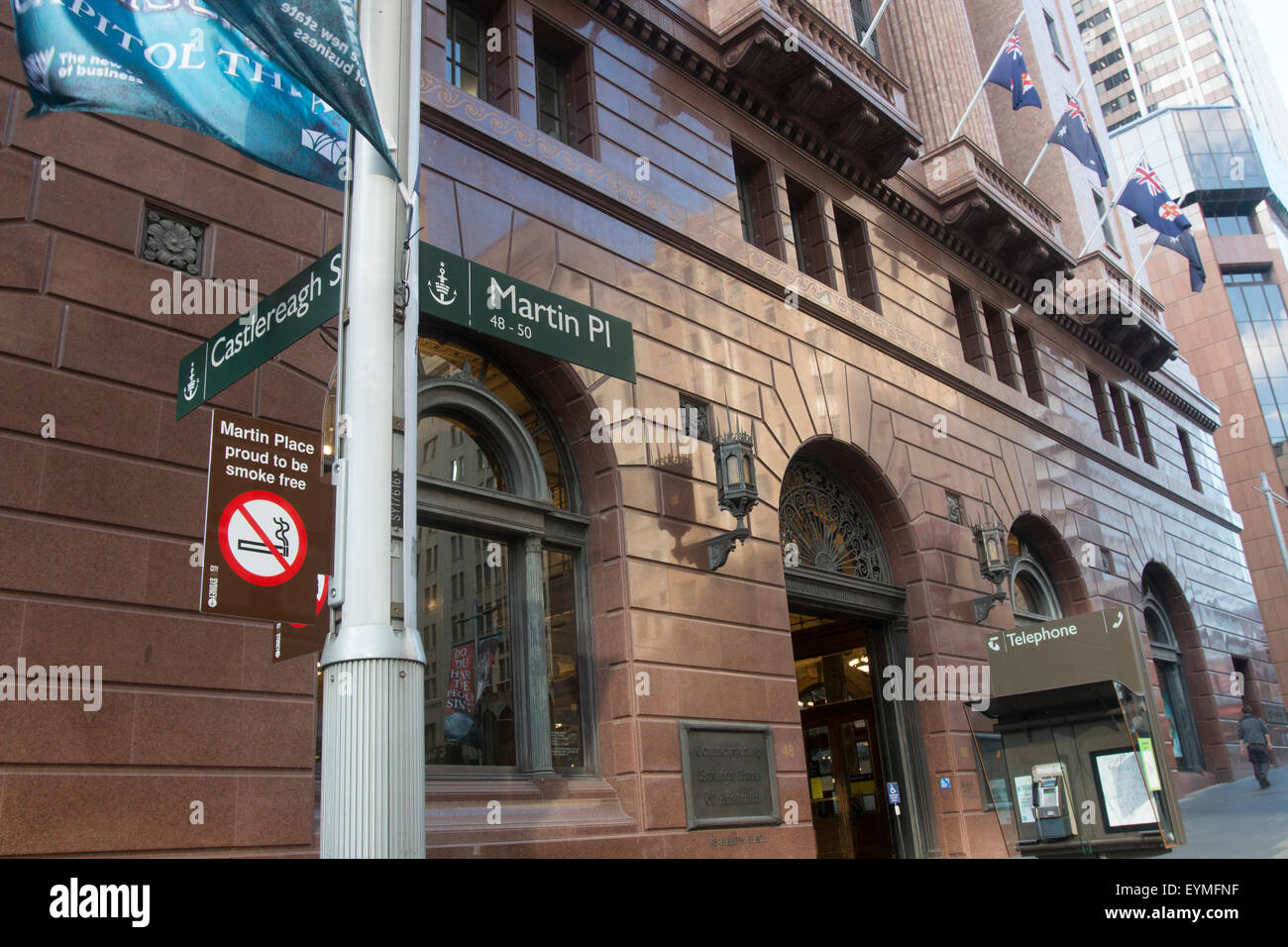 no smoking signs in martin place Sydney as the council trials a ban of smoking in this public place,Sydney,Australia Stock Photo