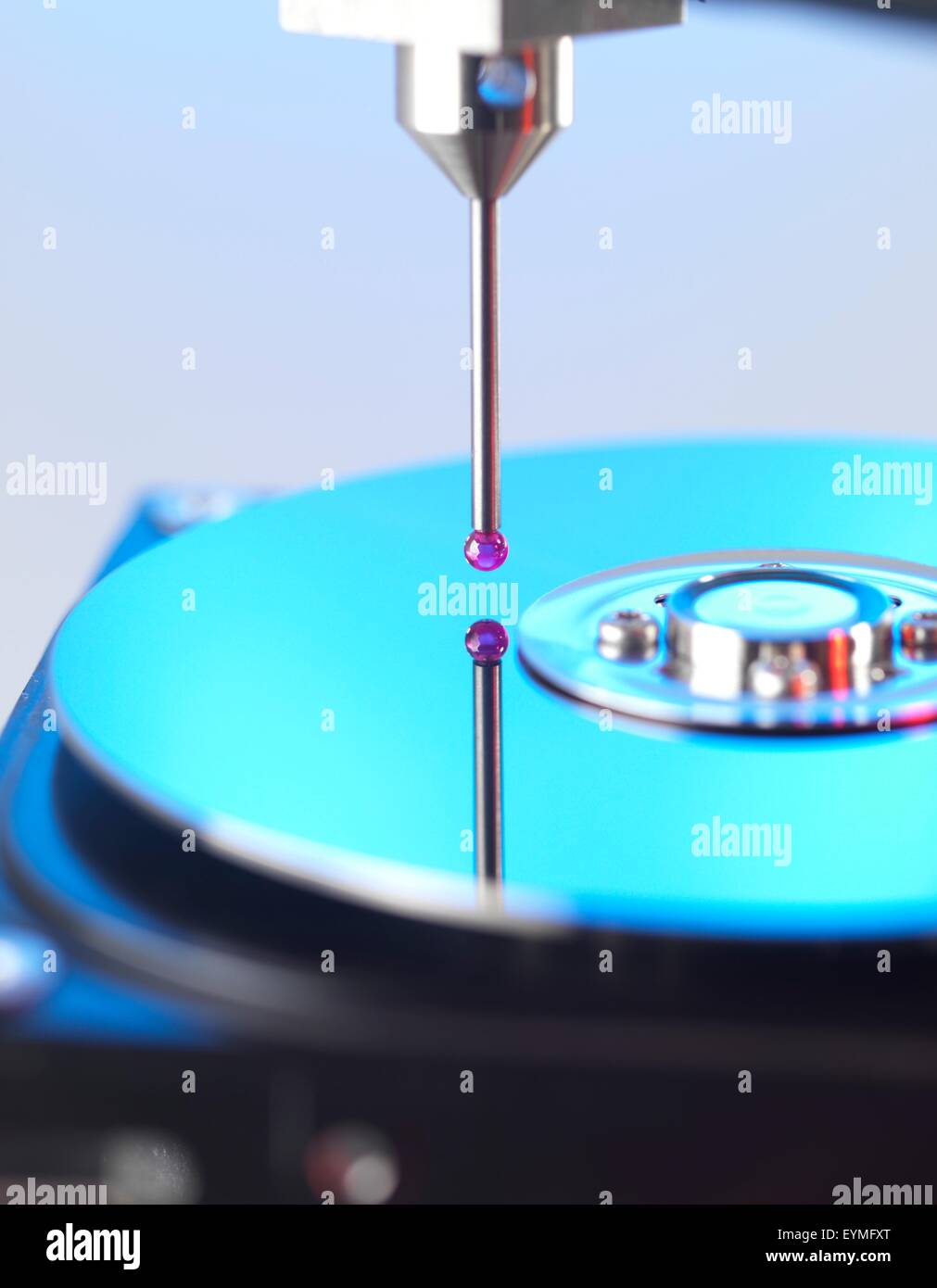 Closeup of the probe head of a coordinate measurement machine