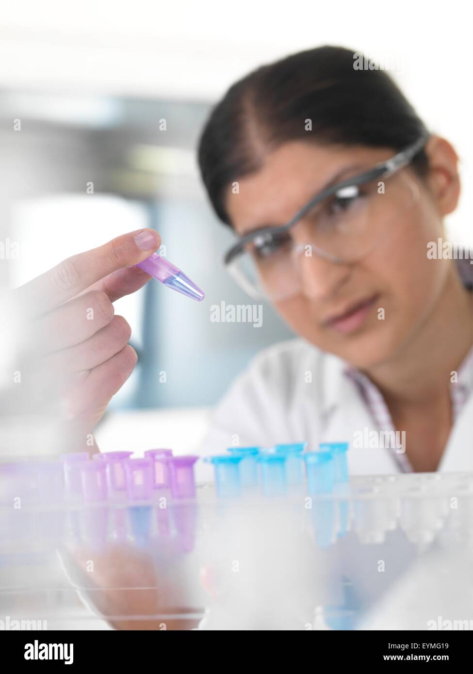 PROPERTY RELEASED. MODEL RELEASED. Female Asian scientist holding a sample ready for analytical testing. Stock Photo