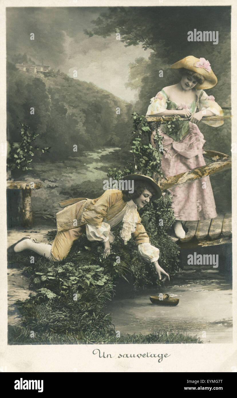 Postcard, historic, couple, pond, shoe, bad luck, Stock Photo