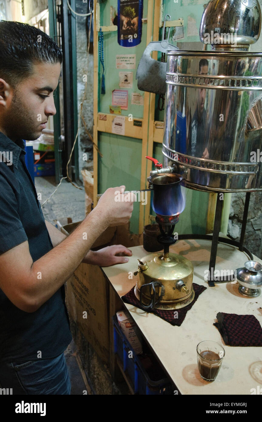 Jerusalem Old Town, Moslem quarter, preparation Turkish coffee, Israel Stock Photo