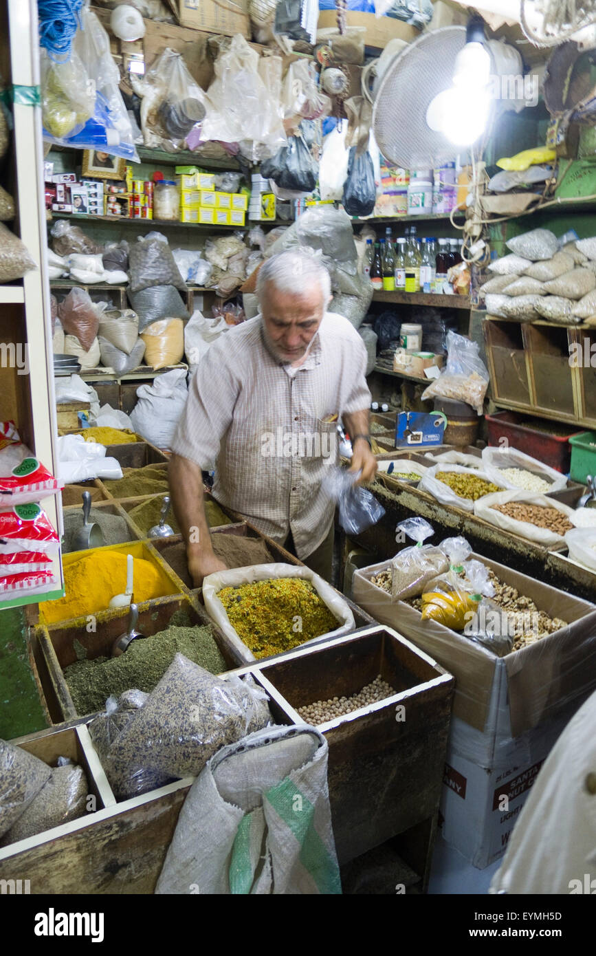 Old Town of Jerusalem, Moslem neighourhood, shop for spices, Israel Stock Photo