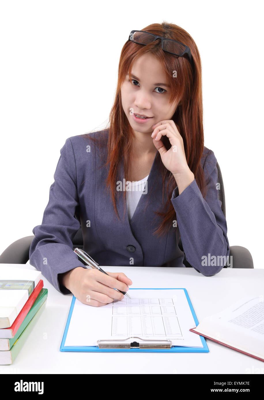 image of young asian woman working in office and white background Stock ...
