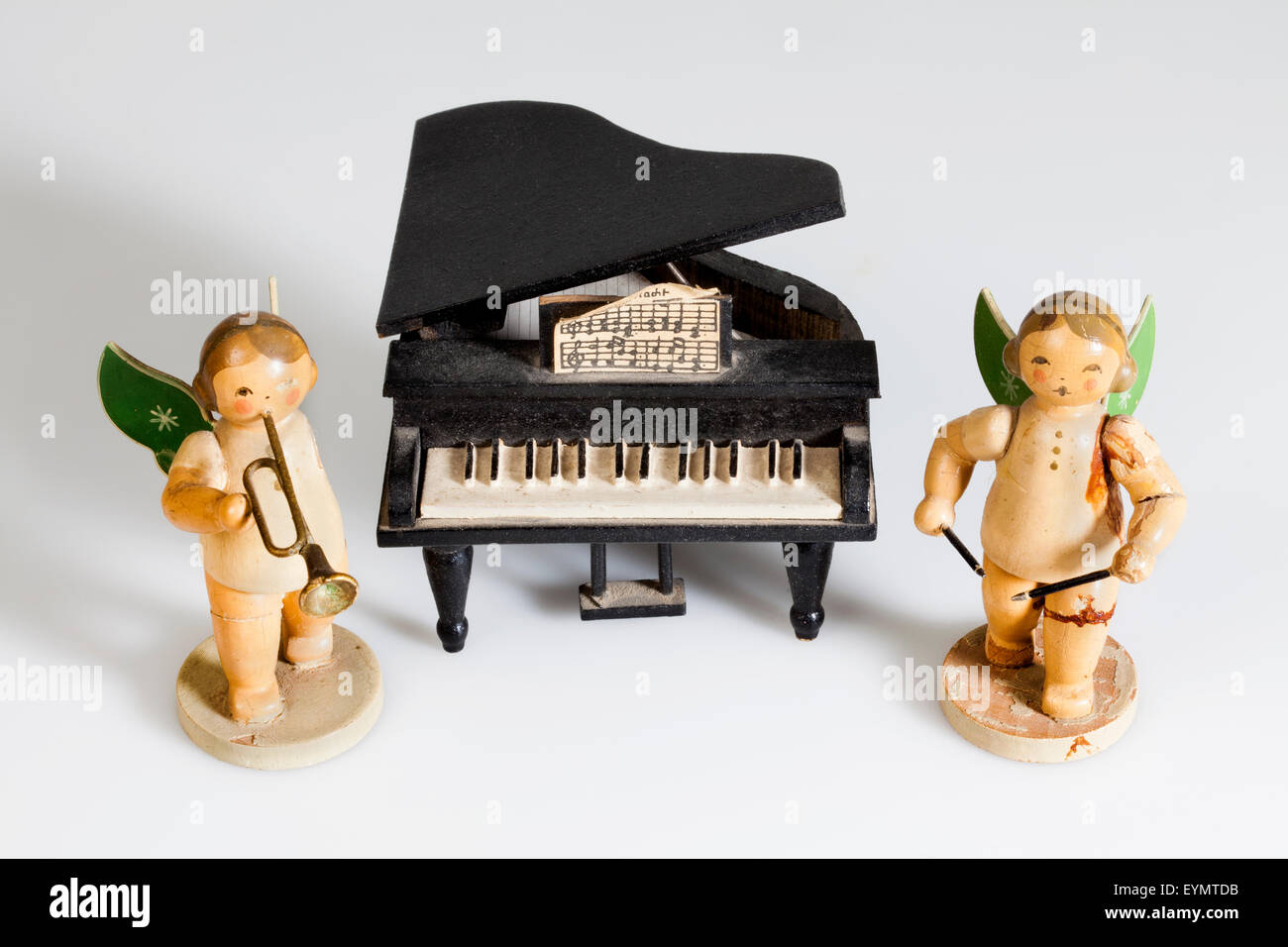 Broken wooden angels playing musical instruments, from the Erzgebirge, Germany, Europe Stock Photo