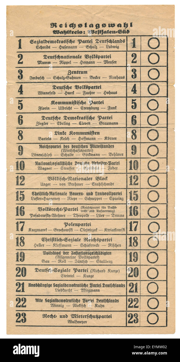 Polling card of the German Federal elections, 20 May 1928, German Empire, Europe, Stock Photo