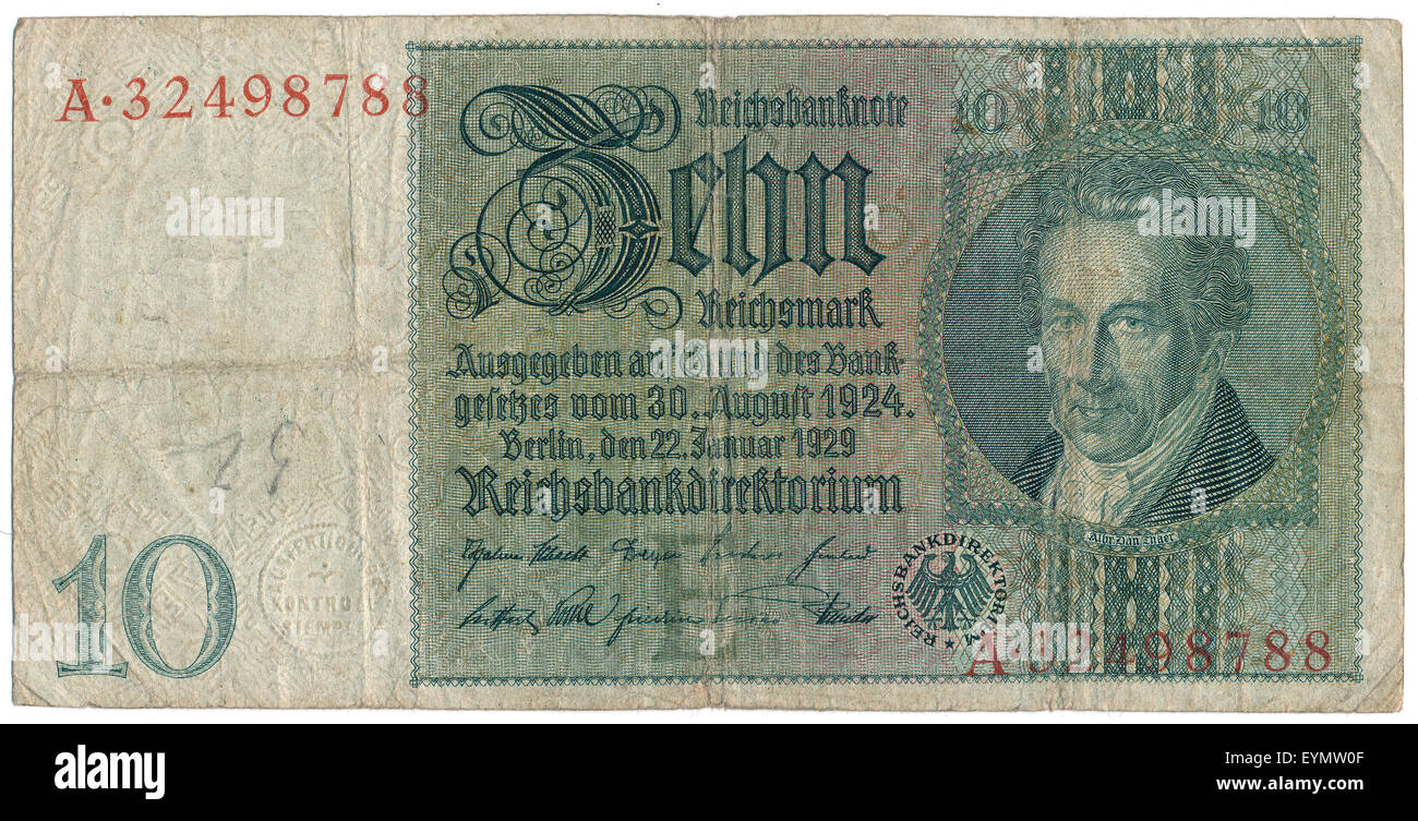 Reichsbank banknote, portrait of Albrecht Daniel Thaer, 1752 - 1828, German agronomist Stock Photo