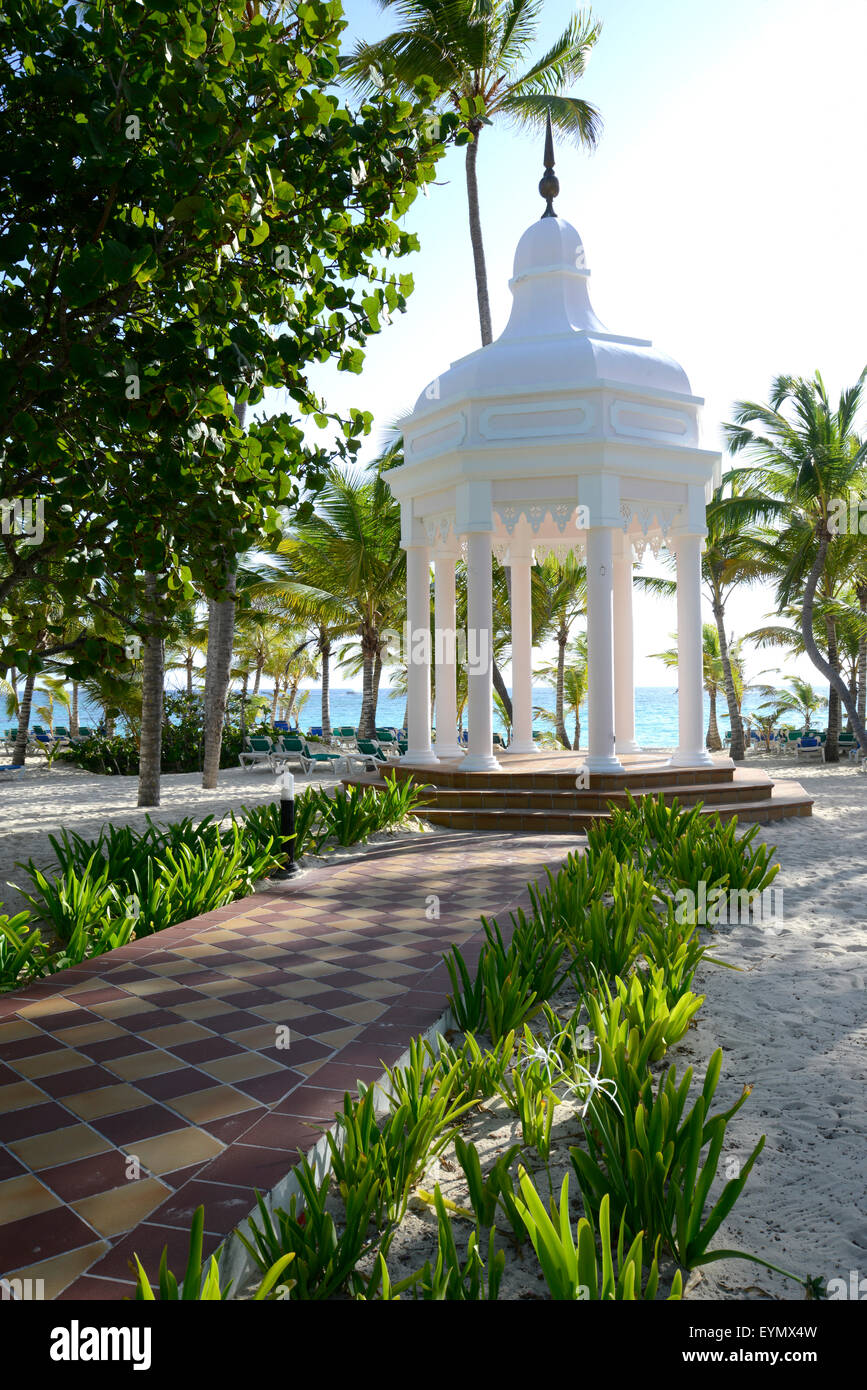 round white gazebo by the beach on the island of Punta Cana in the