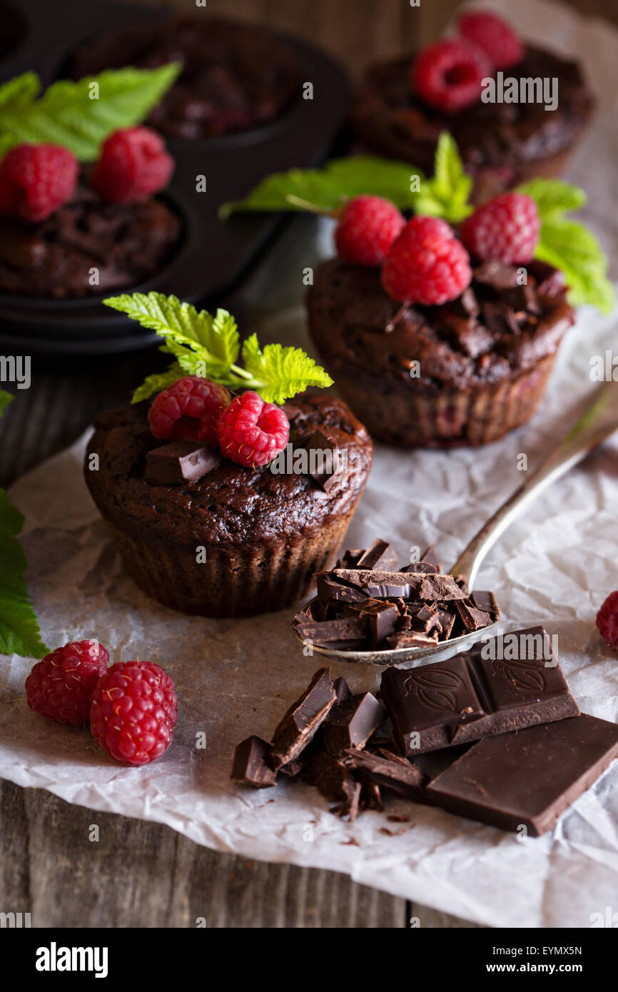 Chocolate raspberry yogurt muffins with pieces of chocolate and muffin