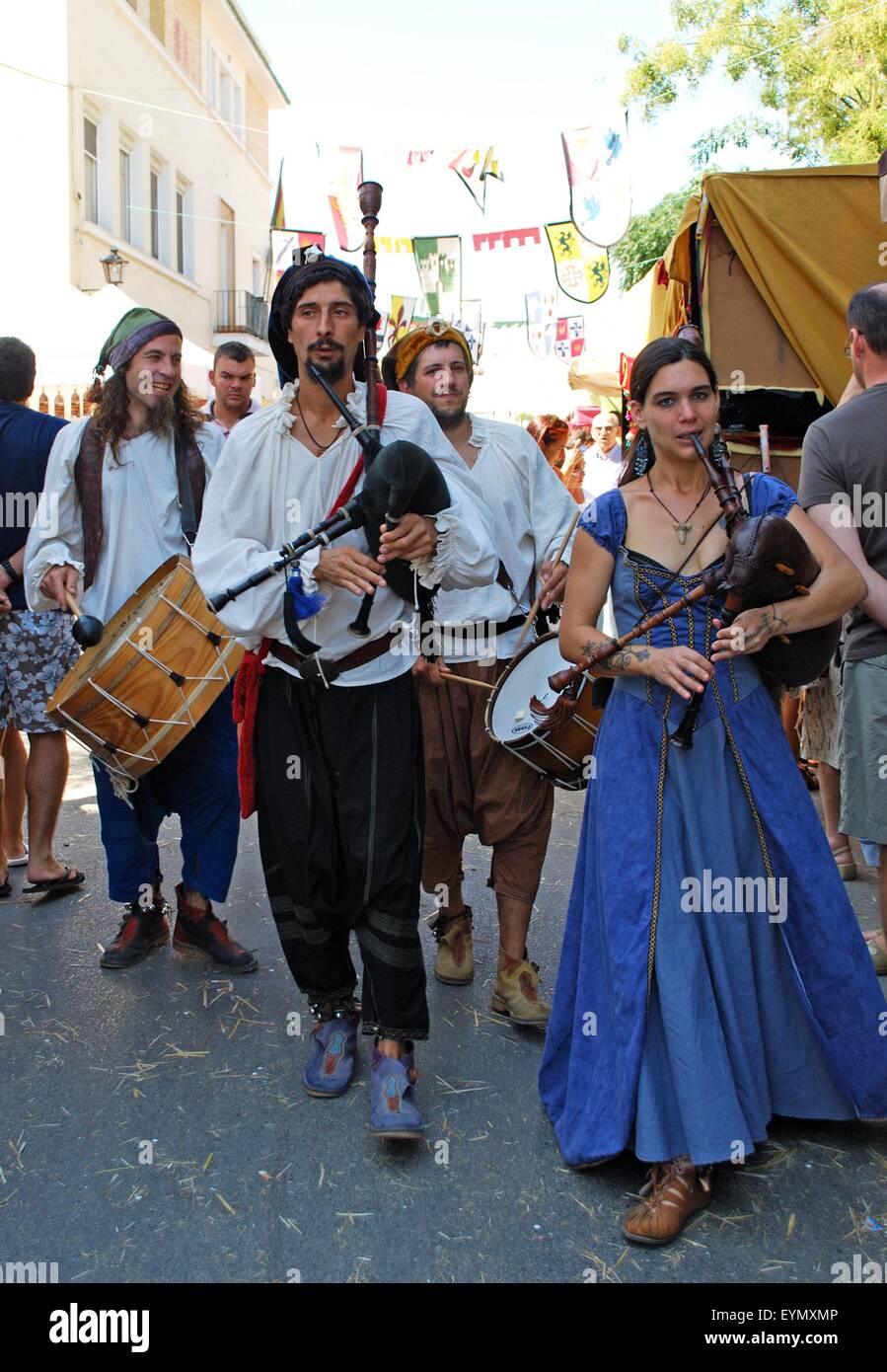 Medieval musicians at the Medieval market, Barbate, Cadiz Province, Andalusia, Spain, Western Europe. Stock Photo