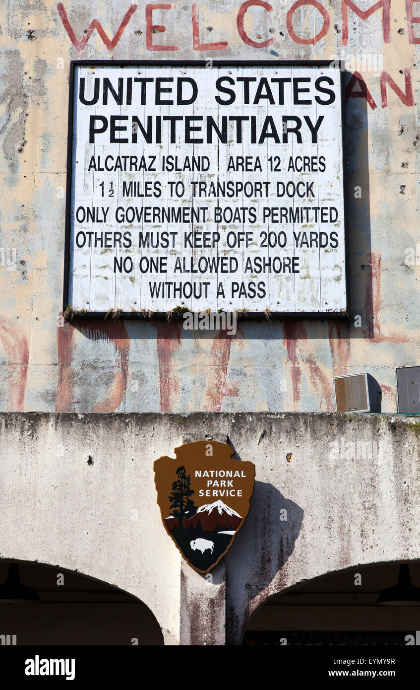 United States Penitentiary Sign on Alcatraz Island, San Francisco Bay, USA Stock Photo