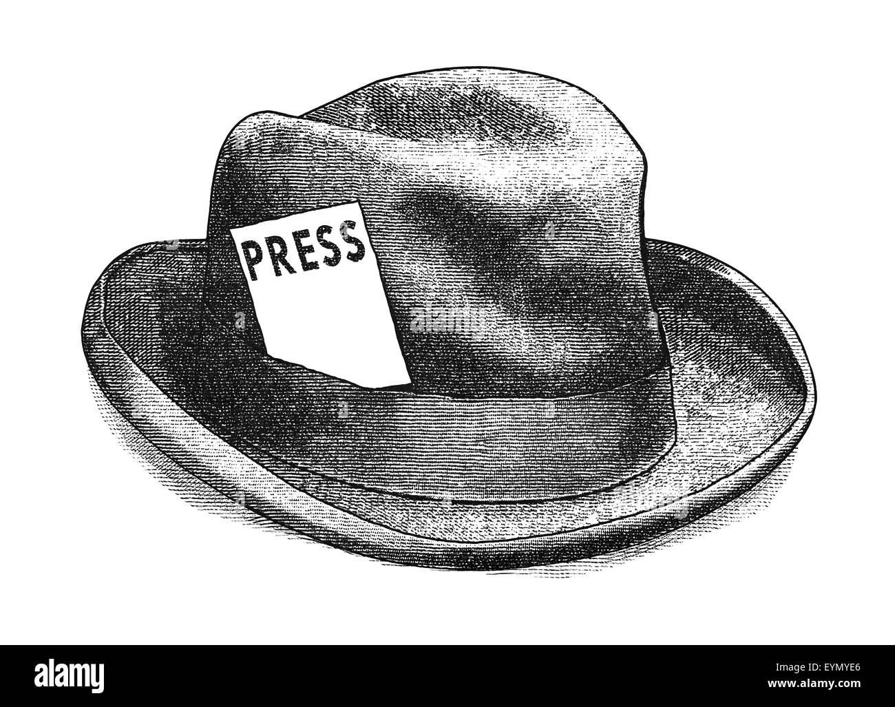 Original digital illustration of a fedora hat with press card, in style of old engravings. Stock Photo